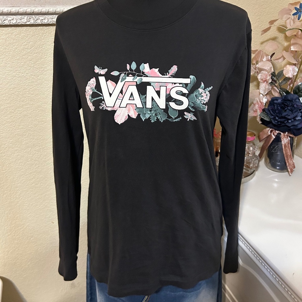 Vans Black and Light Pink Floral Long Sleeve Top